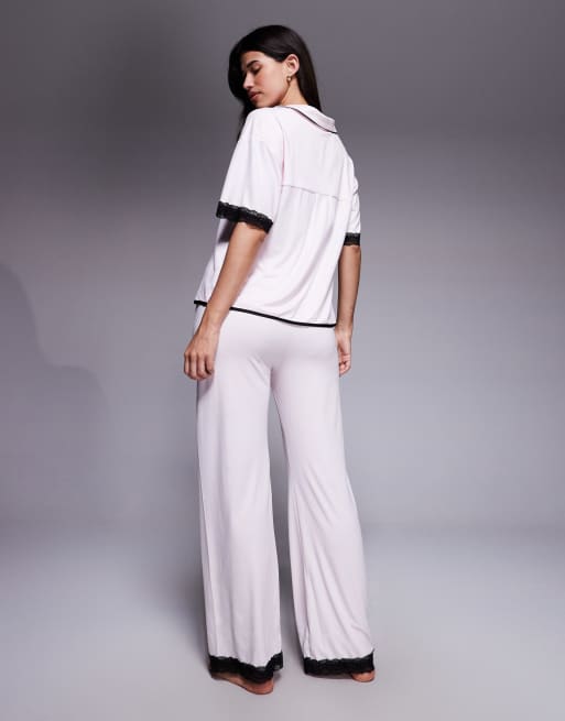 River Island lace trim pyjama set in light pink, 3 of 4