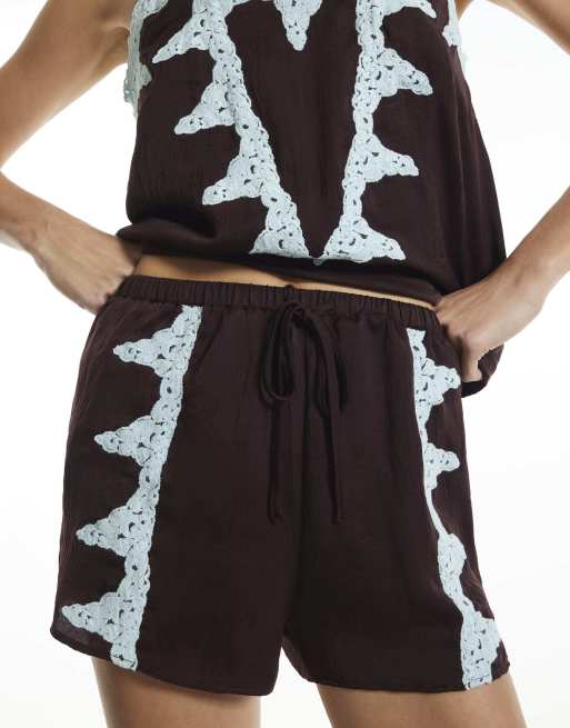 River Island Lace trim shorts pyjama set in brown - dark, 2 of 4