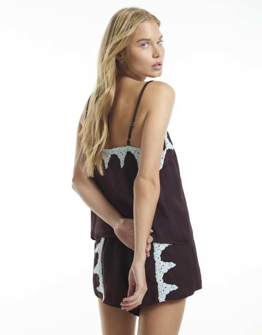 River Island Lace trim shorts pyjama set in brown - dark, 4 of 4