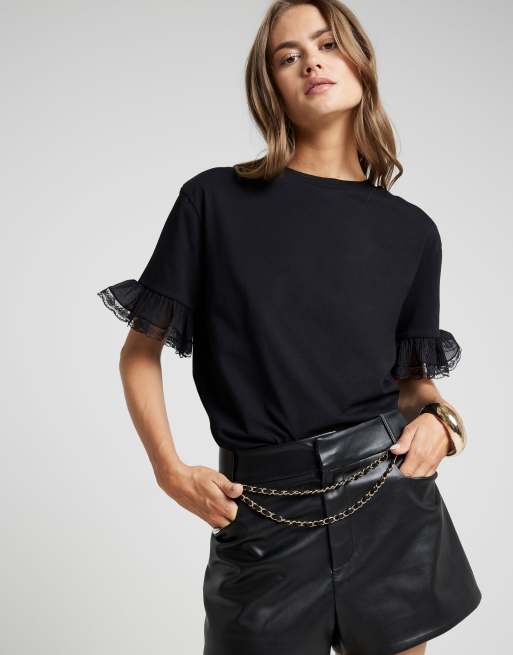 River Island Lace trim t-shirt in black