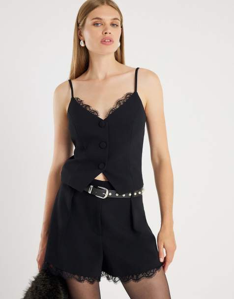 River Island Lace trim tailored shorts in black - view 1