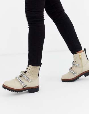 River Island lace up biker boot with embellished straps in stone-Cream