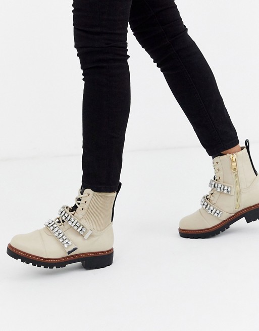 River Island lace up biker boot with embellished straps in stone