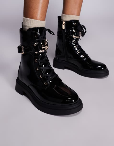 River Island lace up chunky boots in black - view 1