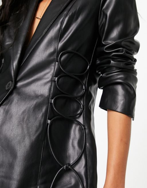 River Island lace up detail faux leather blazer in black | ASOS