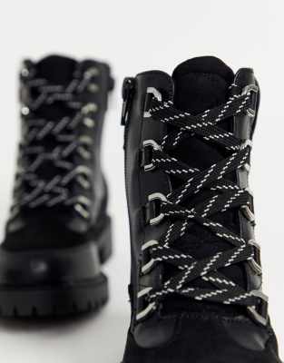 river island lace up flat hiker boot in black