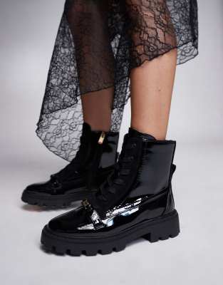 River Island Lace Up Patent Ankle Boot In Black