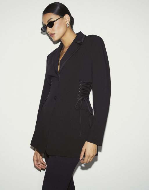 River Island Lace up tuxedo blazer dress in black, 3 of 4