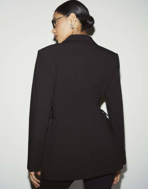 River Island Lace up tuxedo blazer dress in black, 4 of 4