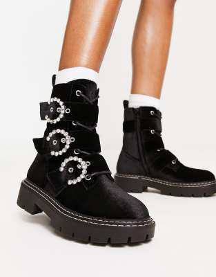  lace up velvet jewel buckle boot 