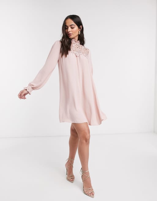 River Island lace yoke swing dress in beige | ASOS