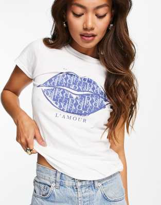 River Island Lamour lips graphic t-shirt in white