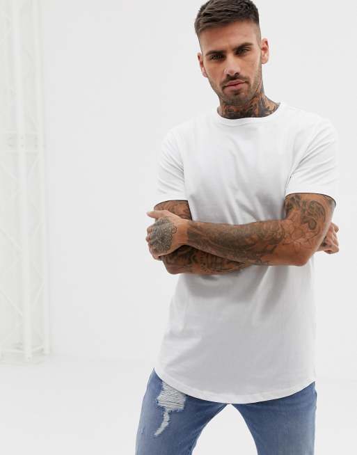 River Island – Lang geschnittenes T-Shirt mit abgerundetem Saum in Weiß