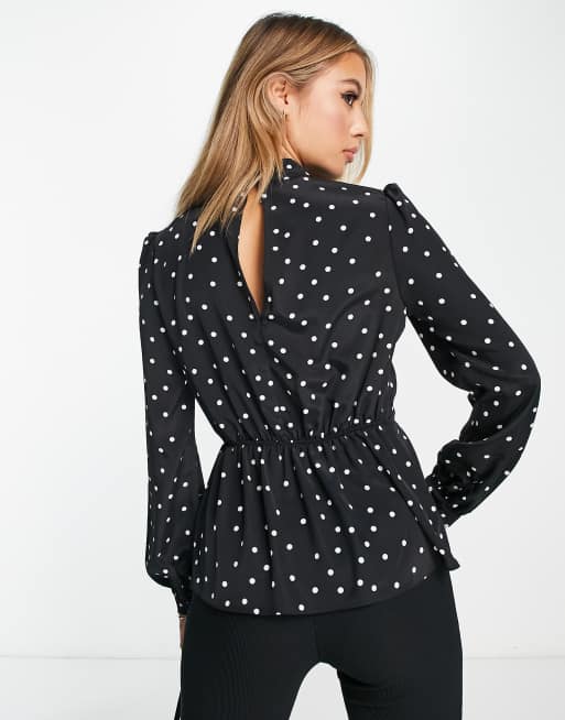 River Island – Langärmlige Wickelbluse in Schwarz mit Punktmuster, 3 von 4