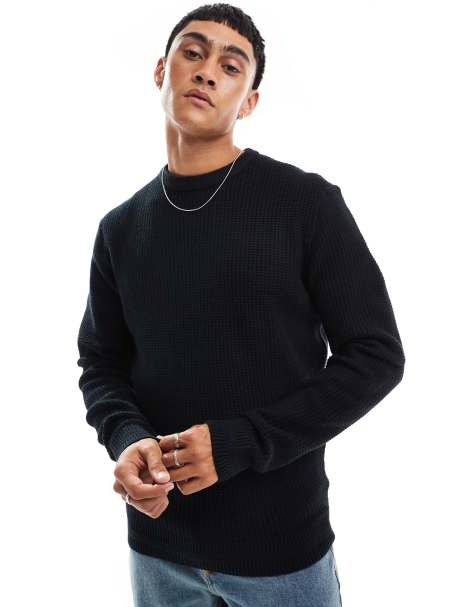 River Island – Langärmliger Strickpullover in Schwarz mit Waffelmuster - view 1
