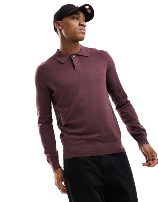 River Island – Langärmliges Basic-Polohemd in Aubergine
