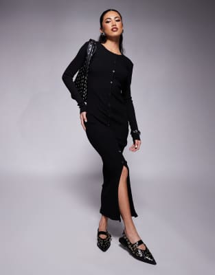 River Island - Langärmliges, geknöpftes Midikleid in Schwarz