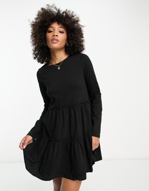River Island – Langärmliges, gestuftes Mini-Hängerkleid in Schwarz 