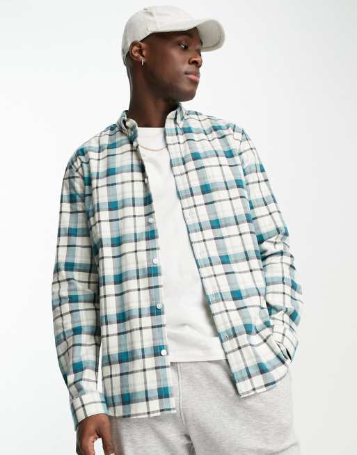 River Island – Langärmliges Hemd in Ecru mit Karomuster