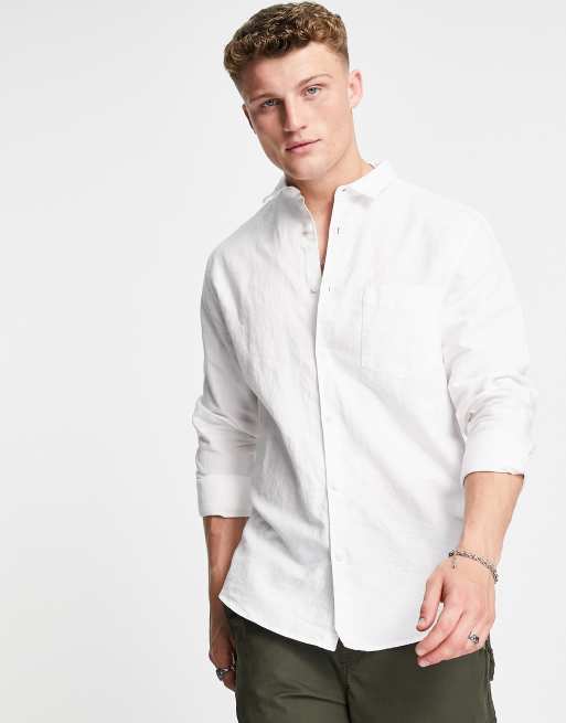 River Island – Langärmliges Leinenhemd in Weiß