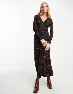 River Island - Langärmliges Maxi-Freizeitkleid in Schwarz mit Blumenmuster