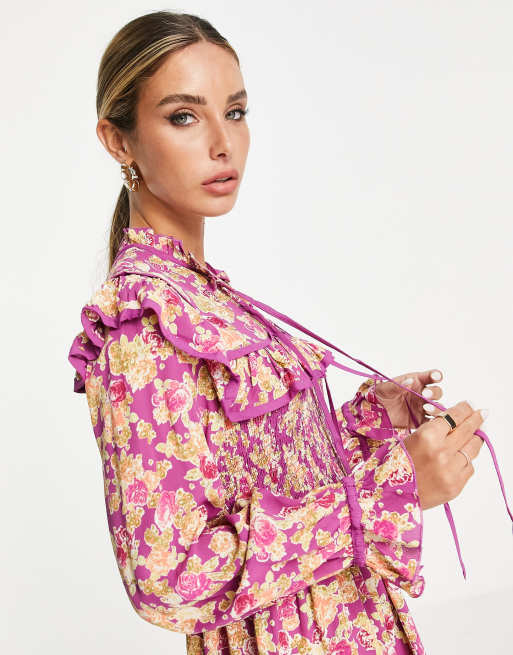 River Island – Langärmliges Minikleid in Rosa mit gesmokter Passe und Blumenmuster, 4 von 4
