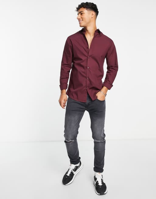 River Island – Langärmliges, schmal geschnittenes Hemd aus Baumwoll-Polyester-Mix in Burgunderrot, 4 von 4