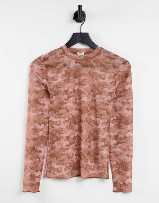 River Island – Langärmliges T-Shirt aus Netzstoff in Braun mit Print