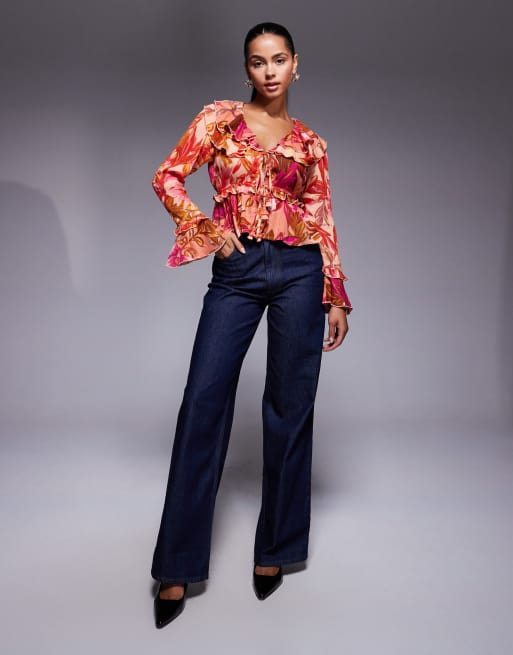 River Island – Langärmliges, transparentes Oberteil in Orange und Rot mit Blumenmuster, 2 von 4
