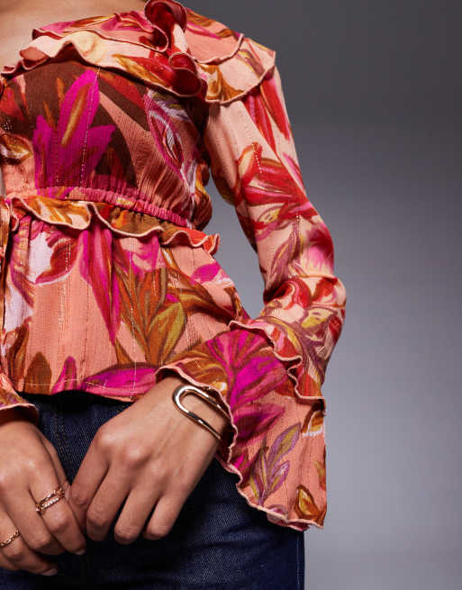 River Island – Langärmliges, transparentes Oberteil in Orange und Rot mit Blumenmuster, 3 von 4