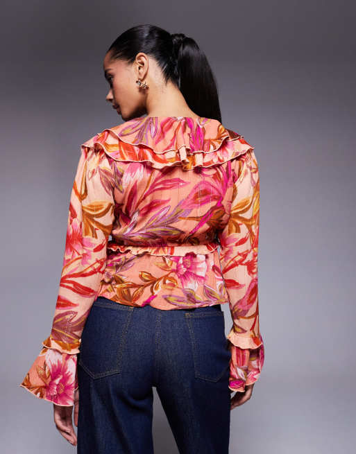 River Island – Langärmliges, transparentes Oberteil in Orange und Rot mit Blumenmuster, 4 von 4