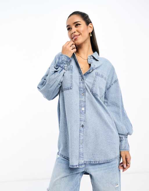 River Island - Langærmet skjorte i blå denim, 4 af 4
