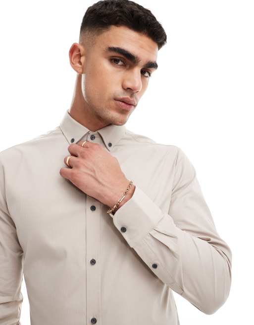 River Island - Langærmet tætsiddende skjorte med tekstur i lys beige