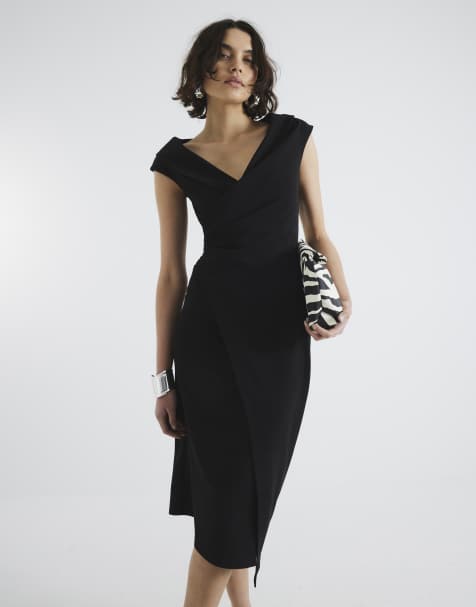 River Island Lapel wrap midi dress in black - view 1