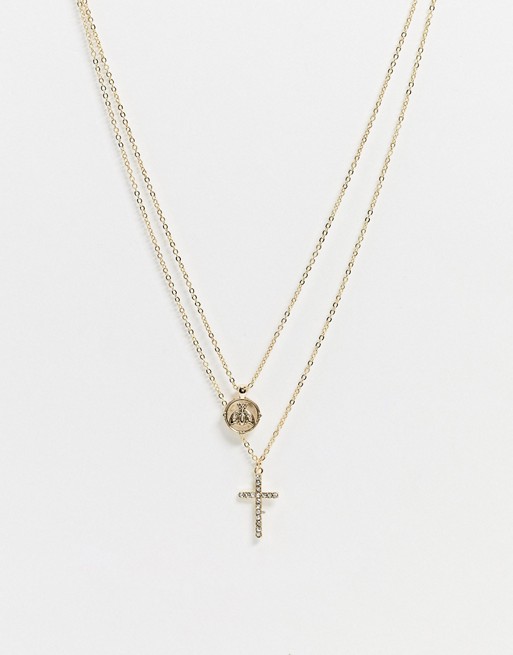 River Island layered neckchains in gold with cross and disc pendant
