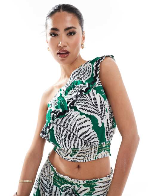 River Island leaf print one shoulder top in green (part of a set)