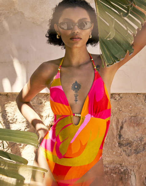 River Island Leaf print swimsuit in pink - view 1