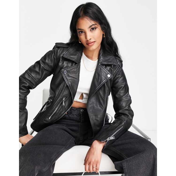 River island black leather hot sale coat