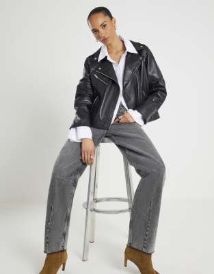 River Island Leather Biker Jacket In Black