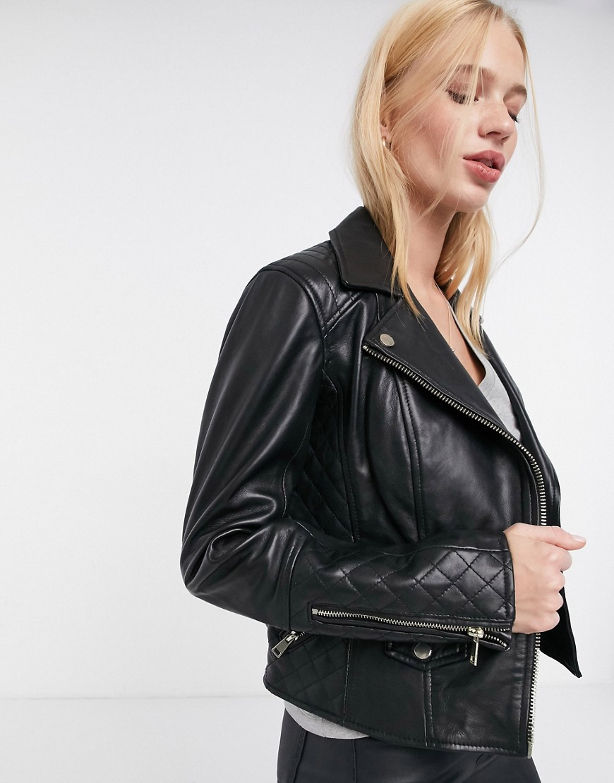 River Island leather biker jacket with quilting in black