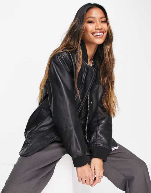 Black leather 2024 bomber jacket