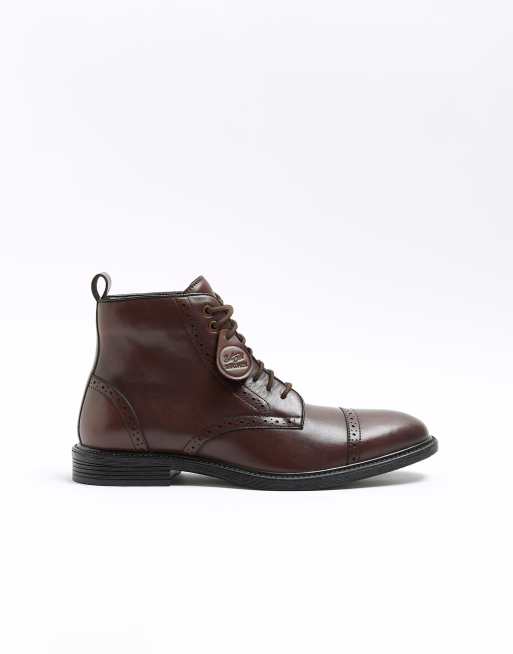 River Island leather brogue boots in dark brown