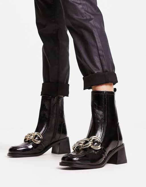 River Island leather chain detail ankle boot in black