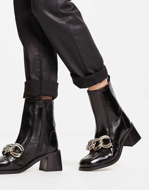 River Island leather chain detail ankle boot in black