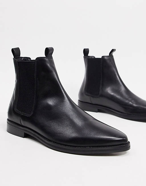 River Island leather chelsea boot with pull tabs in black | ASOS