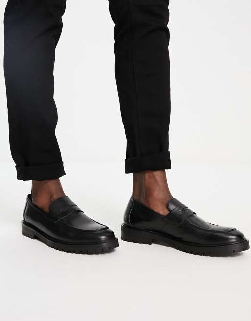 River Island leather chunky sole loafers in black | ASOS