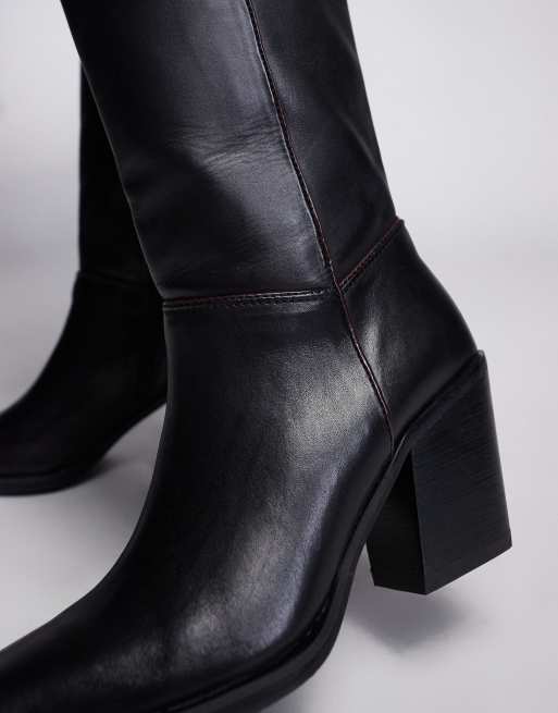 River Island Leather Clean Knee High Boot in Black