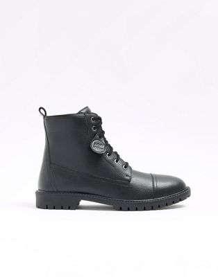 River Island leather combat boots in black