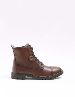 River Island leather combat boots in dark brown - ASOS Price Checker