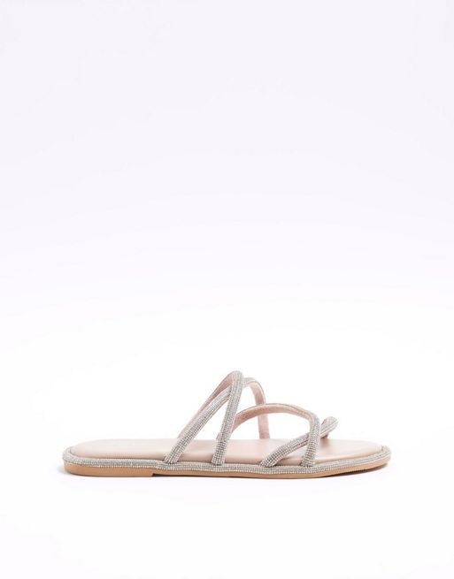River Island Leather diamante strap sandals in pink | ASOS